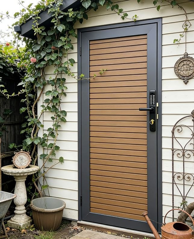 Fencly Single Gate: teak horizontal-slat WPC composite gate with aluminium frame, fitted to a garden boundary.