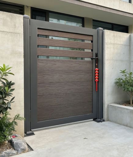 Fencly Single Gate: walnut WPC composite gate with horizontal slats and a louvred ventilation band along the top.