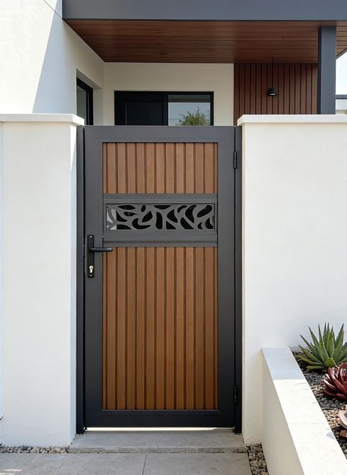 Fencly Single Gate: teak vertical-slat WPC composite gate with a laser-cut decorative carving band.