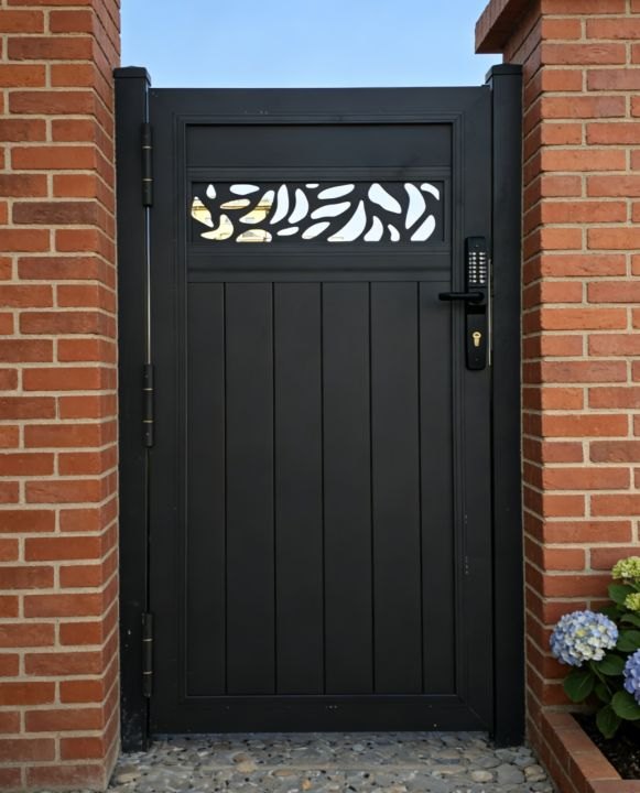 Fencly Single Gate: solid charcoal WPC composite gate with a leaf-pattern carved upper band and keypad lock.