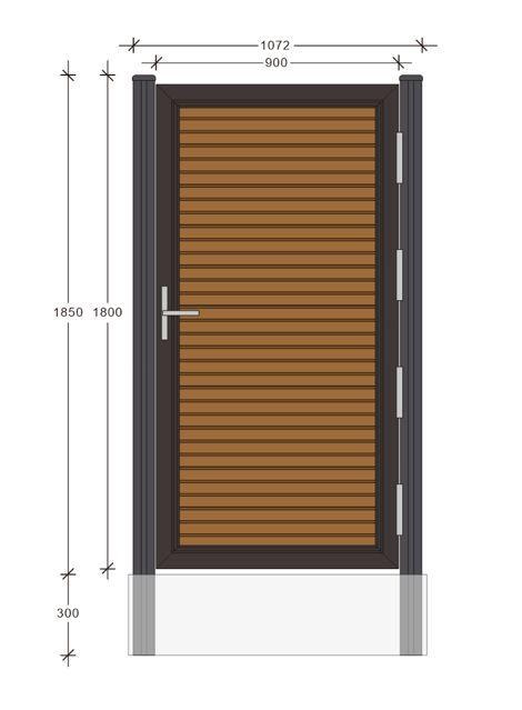 Fencly Single Gate spec drawing: 900 × 1800mm leaf, 1072mm frame opening, 1850mm post, 300mm embed.