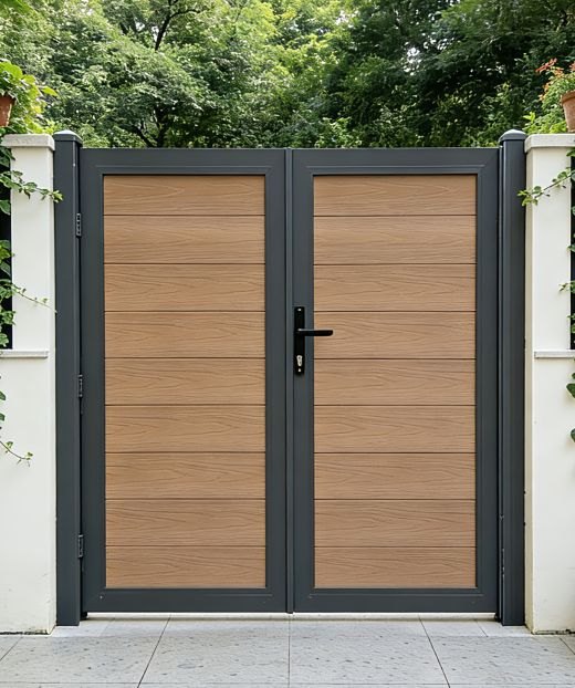 Fencly Double Gate: two equal teak WPC composite leaves on aluminium posts with a centre lever lock, installed on a driveway boundary.