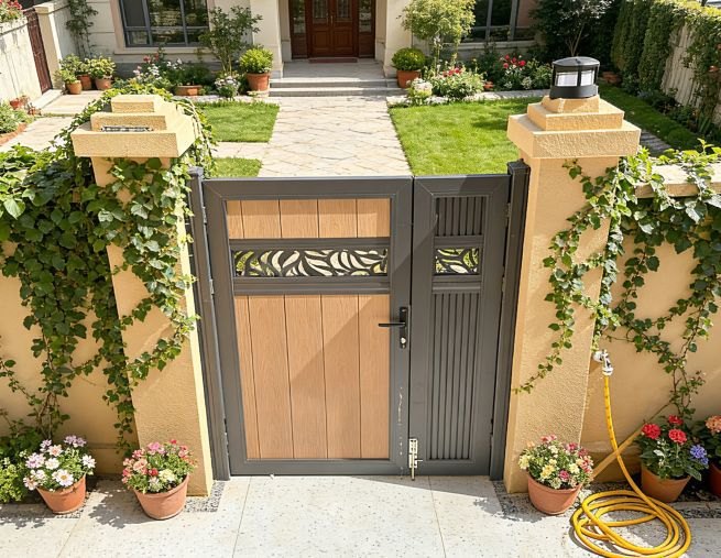 Fencly Double Gate: asymmetric pedestrian + service-leaf composite gate with carved decorative band, set between rendered piers.