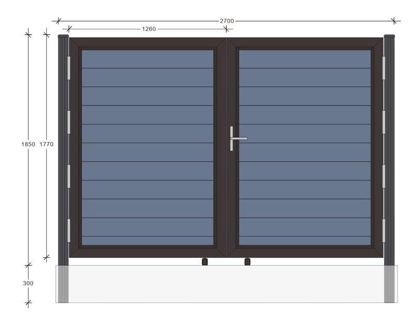 Fencly Double Gate spec drawing: 2700 × 1800mm total opening, 1260mm per leaf, 1850mm post, 300mm embed.