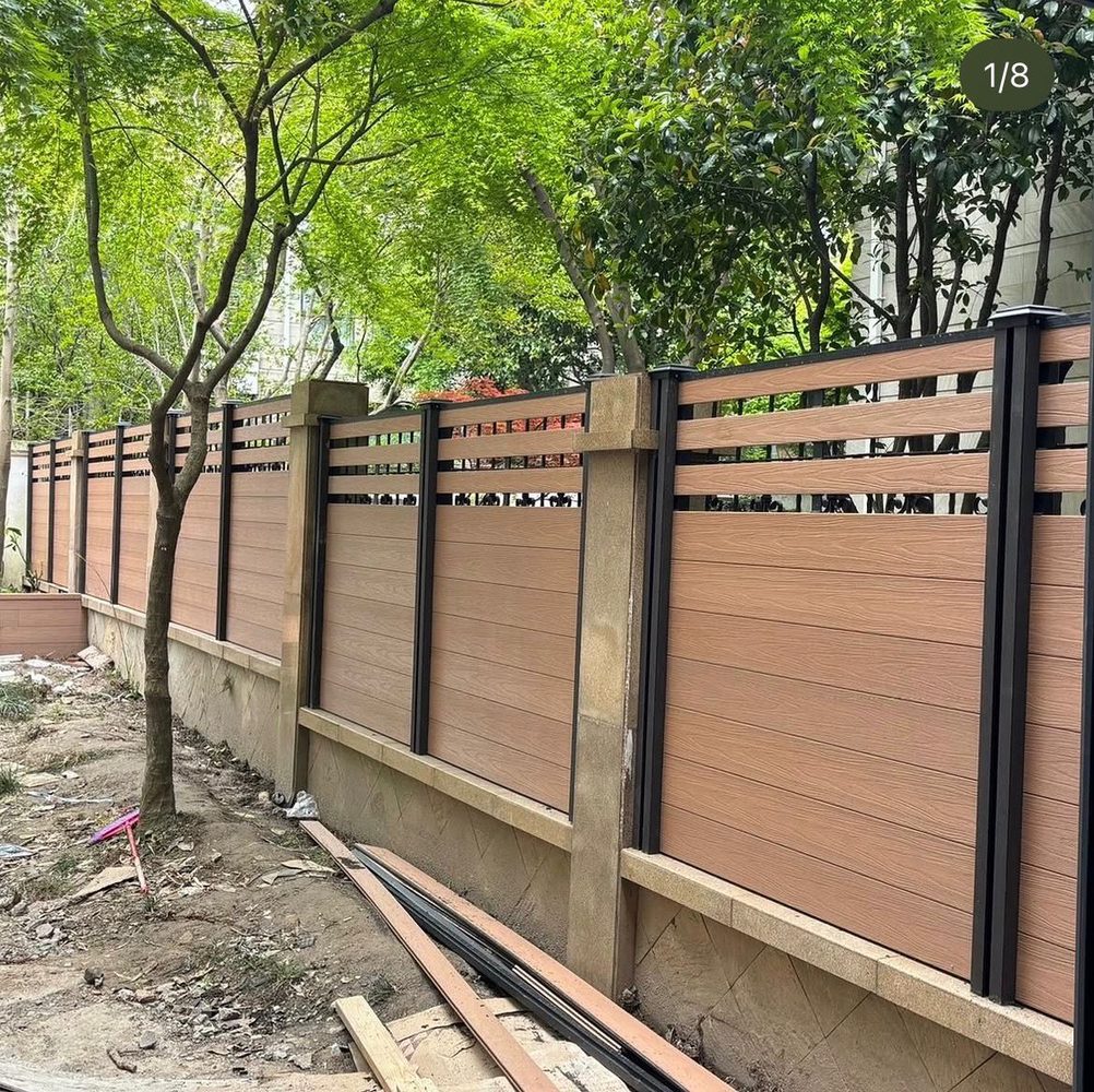 Fencly Privacy Fence: mixed configuration with louvred slat top and solid privacy bottom in teak.