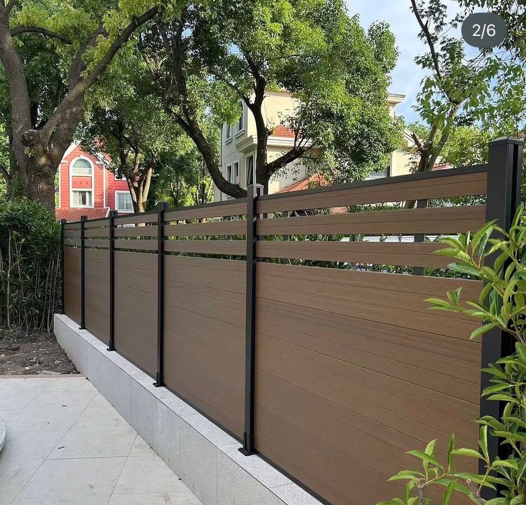 Fencly Mid Trellis: semi-open WPC composite garden screen with light filtering through the gaps.